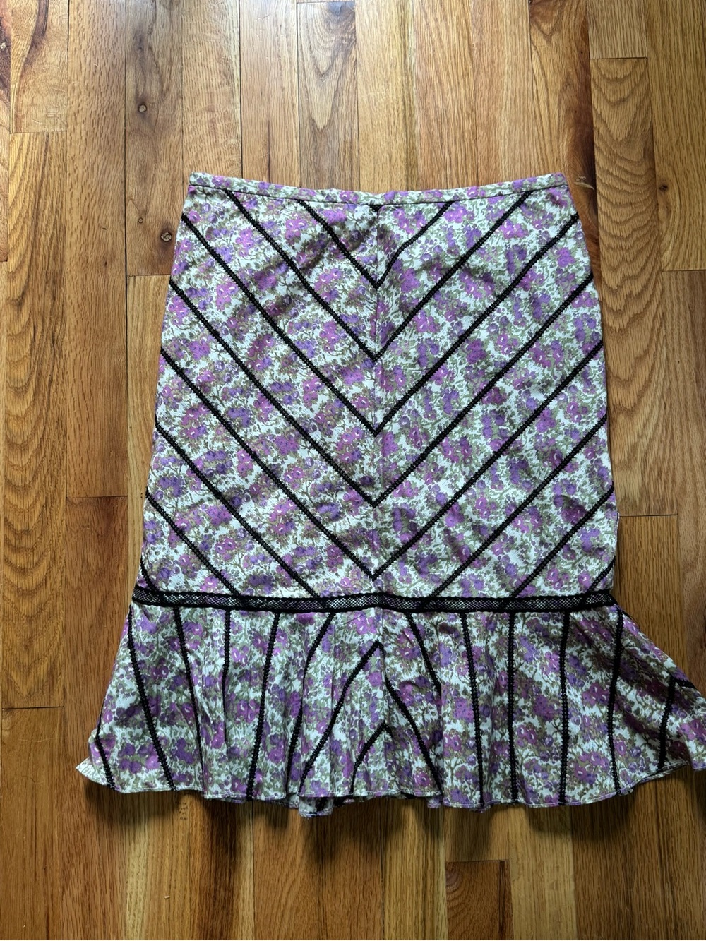 Beth Bowley Purple and Cream Floral A-Line Skirt with Black Trim